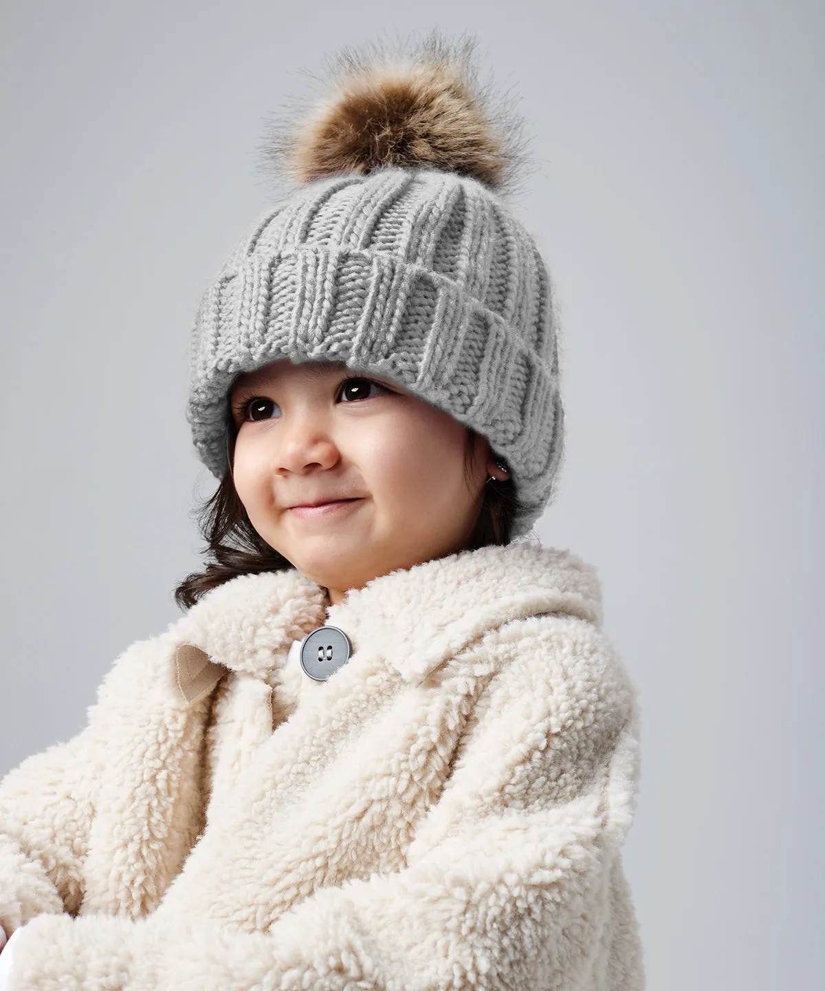 Infant/junior fur pom pom chunky beanie | Oatmeal