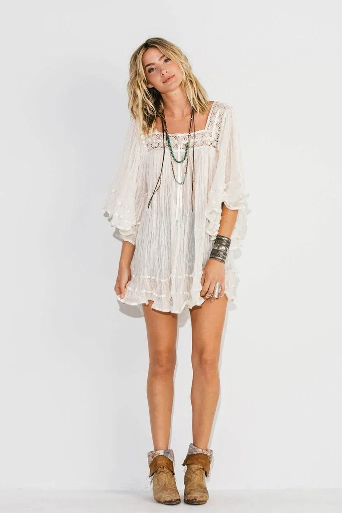 Janis Tunic Top White Gauze Angel Sleeves Satin Ribbon Wear As A Mini Dress A Festival Must Have! Sizes Small Medium Or Large