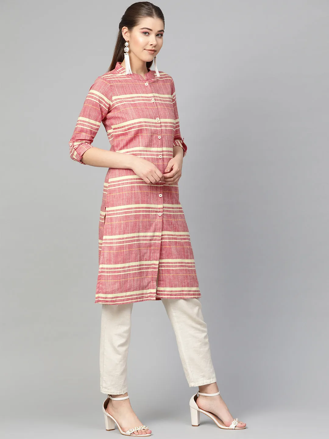 Jashvi Women Red & Yellow Self-Striped Straight Kurta