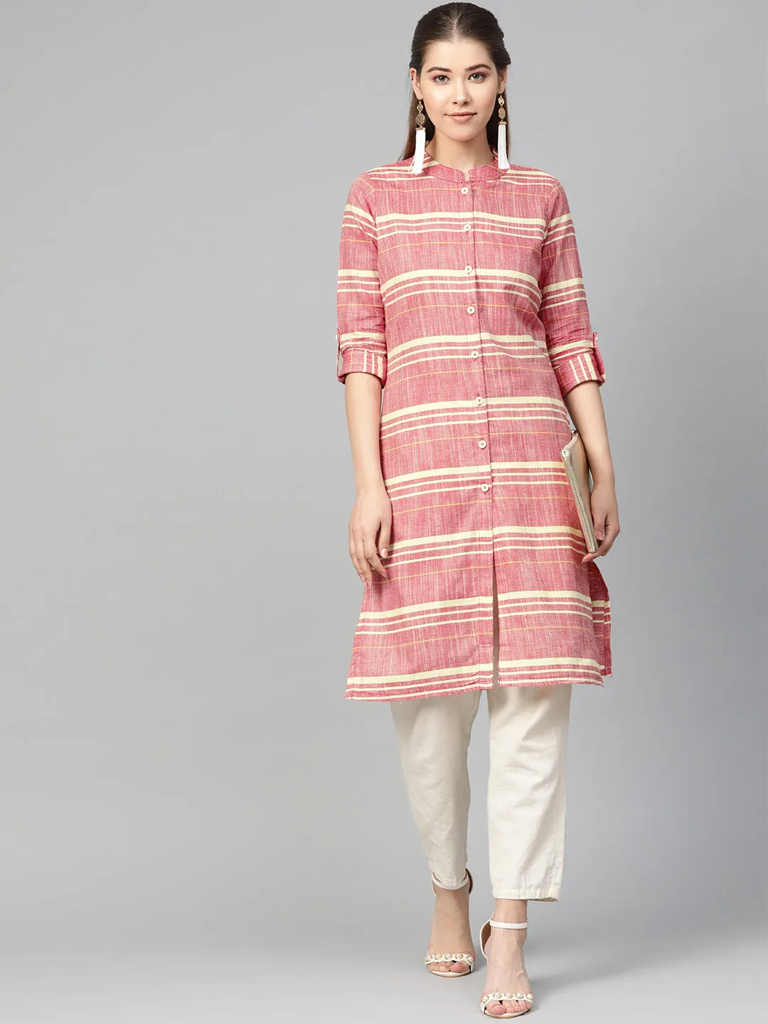 Jashvi Women Red & Yellow Self-Striped Straight Kurta