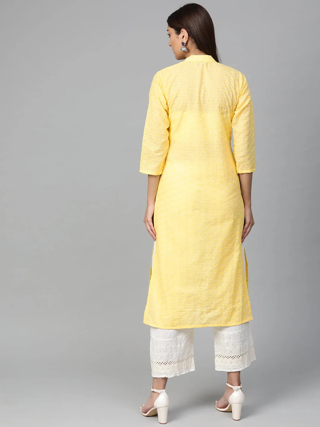 Jashvi Women Yellow Chikankari Embroidered Semi-Sheer Straight Kurta