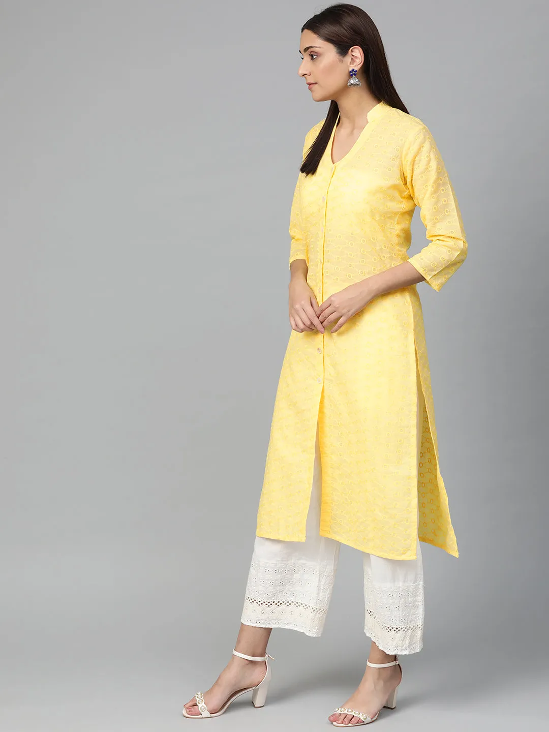 Jashvi Women Yellow Chikankari Embroidered Semi-Sheer Straight Kurta