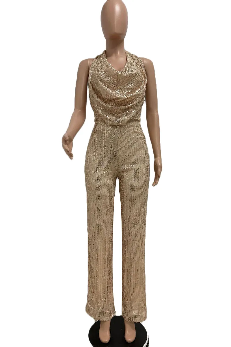 JJ0190 Halter Sequins Jumpsuits