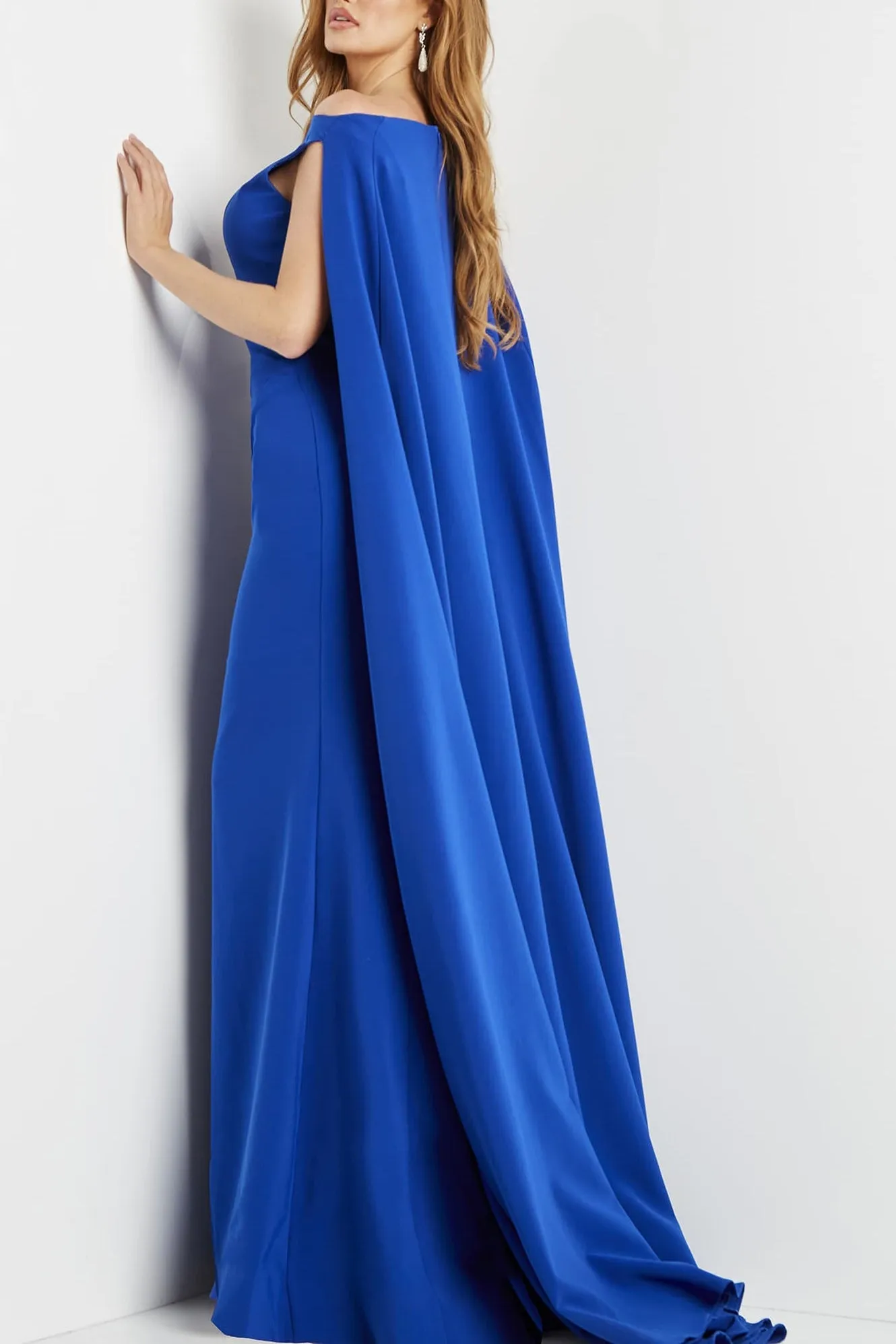 Jovani boat neck cape evening with zipper closure crepe gown