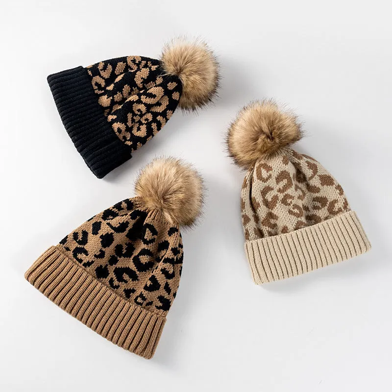 Leopard-print rolled-trimmed pom-pom hat