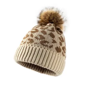 Leopard-print rolled-trimmed pom-pom hat