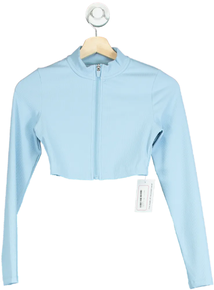 Light Blue Ribbed Cropped Zip-Up Jacket UK S