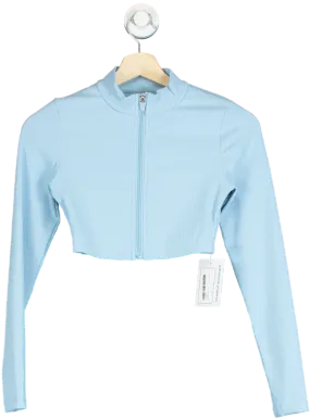 Light Blue Ribbed Cropped Zip-Up Jacket UK S