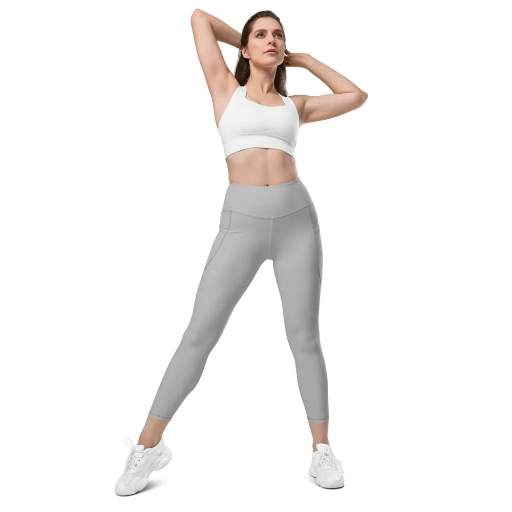 Light Grey Color Women's Tights, Solid Color Best Yoga Pants With 2 Side Deep Long Pockets - Made in USA/EU/MX (US Size: 2XS-6XL)