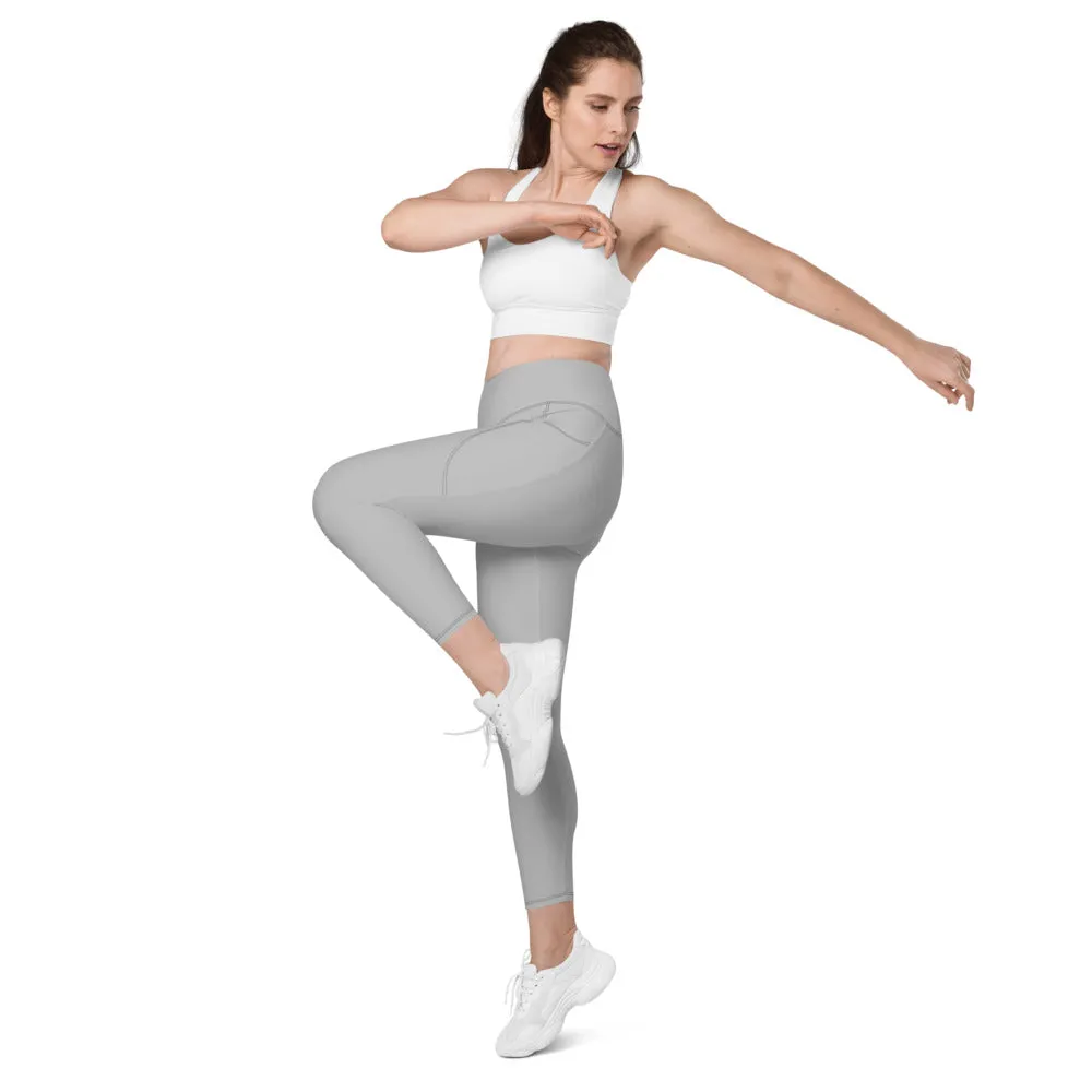 Light Grey Color Women's Tights, Solid Color Best Yoga Pants With 2 Side Deep Long Pockets - Made in USA/EU/MX (US Size: 2XS-6XL)