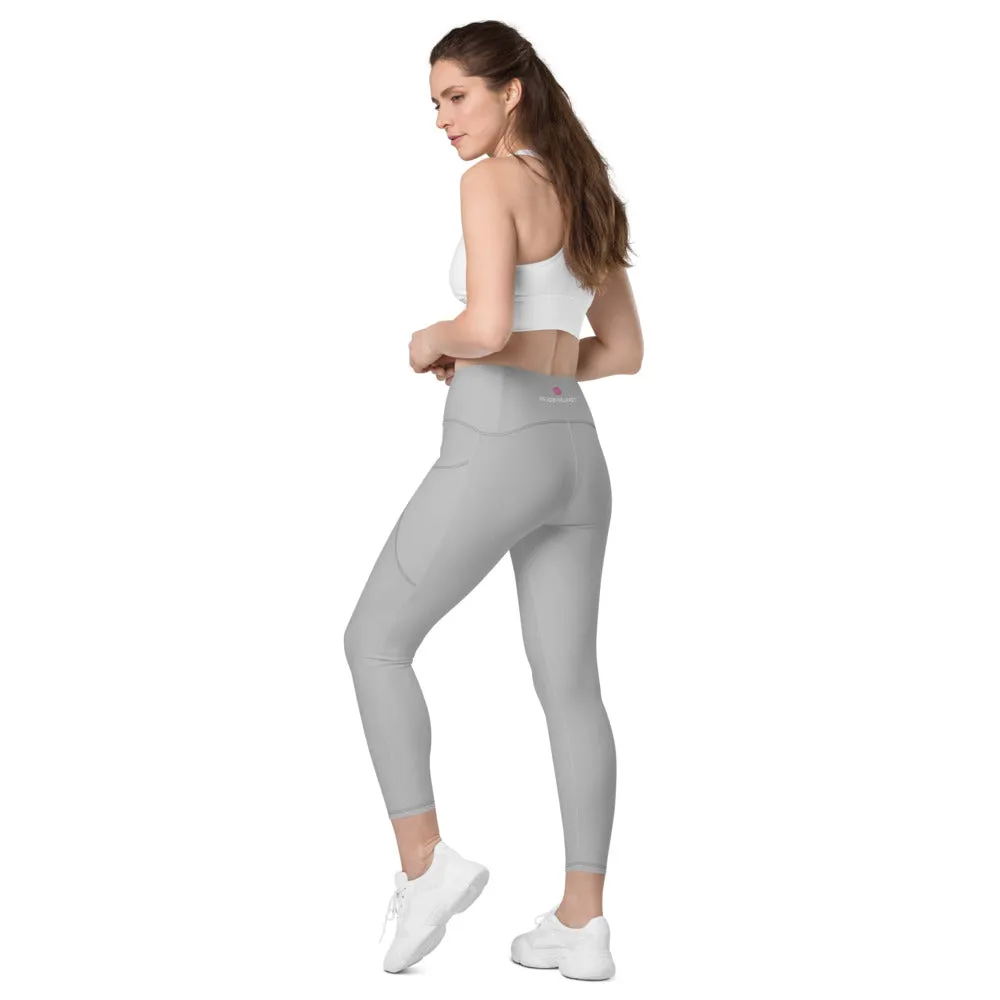 Light Grey Color Women's Tights, Solid Color Best Yoga Pants With 2 Side Deep Long Pockets - Made in USA/EU/MX (US Size: 2XS-6XL)