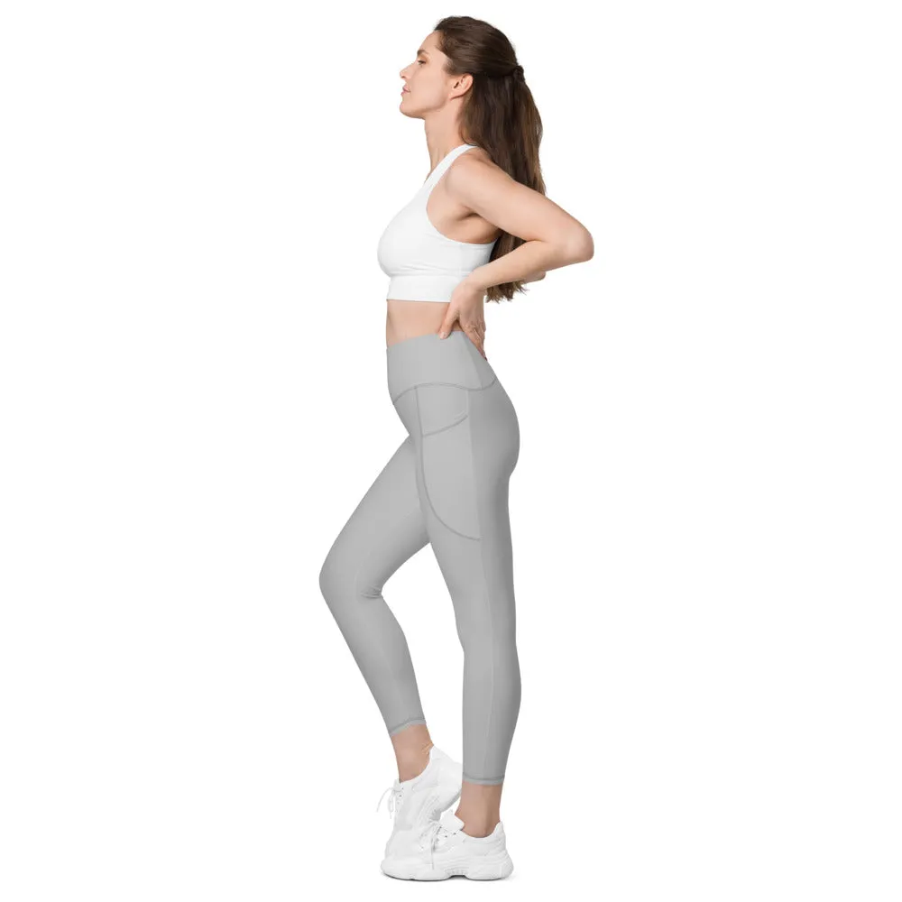 Light Grey Color Women's Tights, Solid Color Best Yoga Pants With 2 Side Deep Long Pockets - Made in USA/EU/MX (US Size: 2XS-6XL)