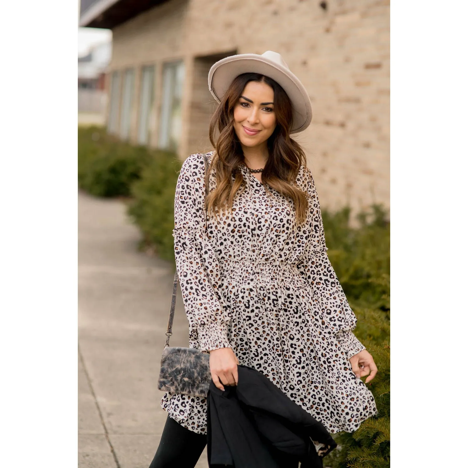 Long Sleeve Hint of Color Leopard Dress