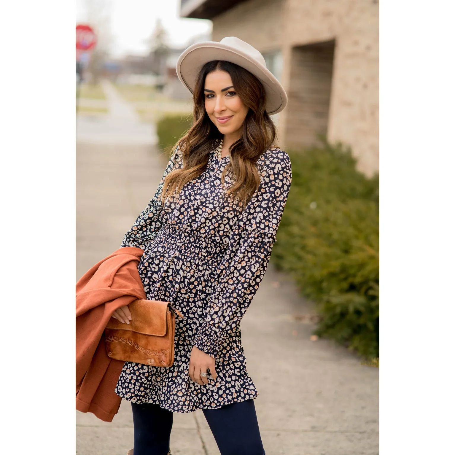 Long Sleeve Hint of Color Leopard Dress