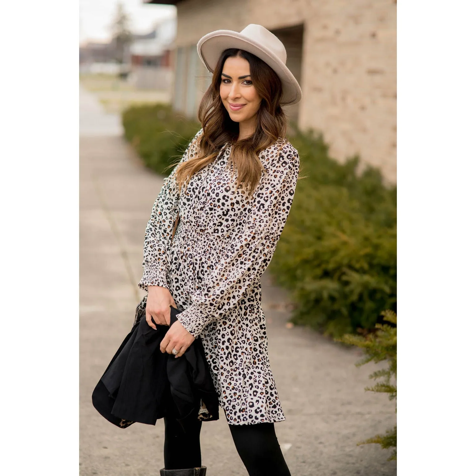 Long Sleeve Hint of Color Leopard Dress