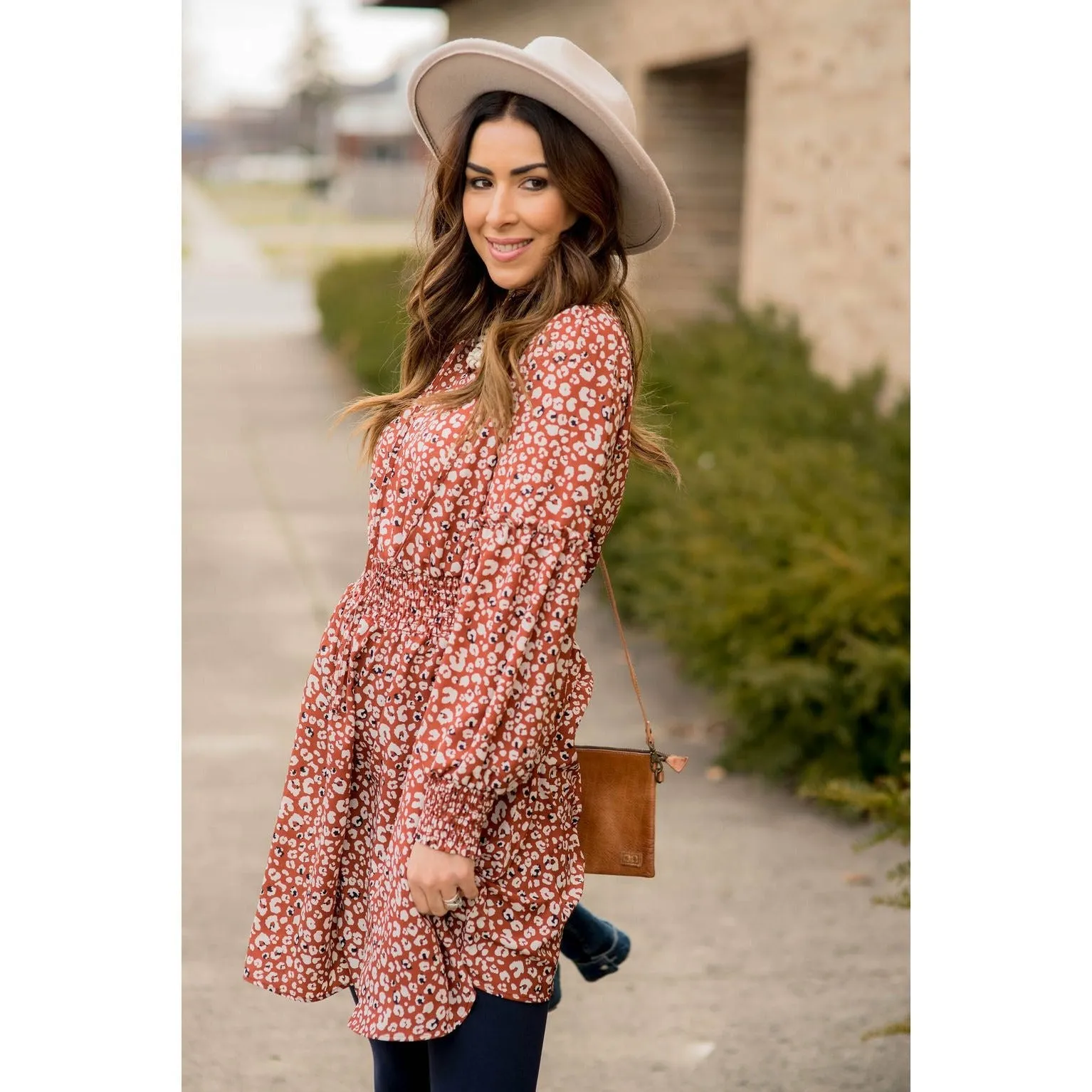 Long Sleeve Hint of Color Leopard Dress