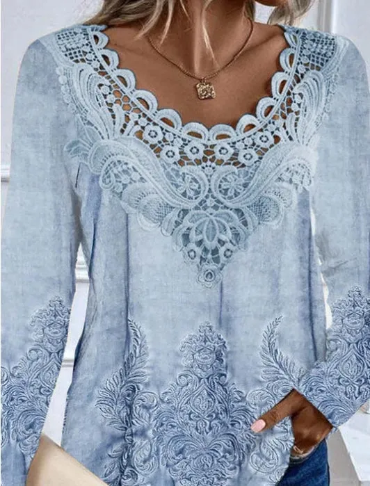 Long Sleeve Scoop Neck Lace Plus Size Top