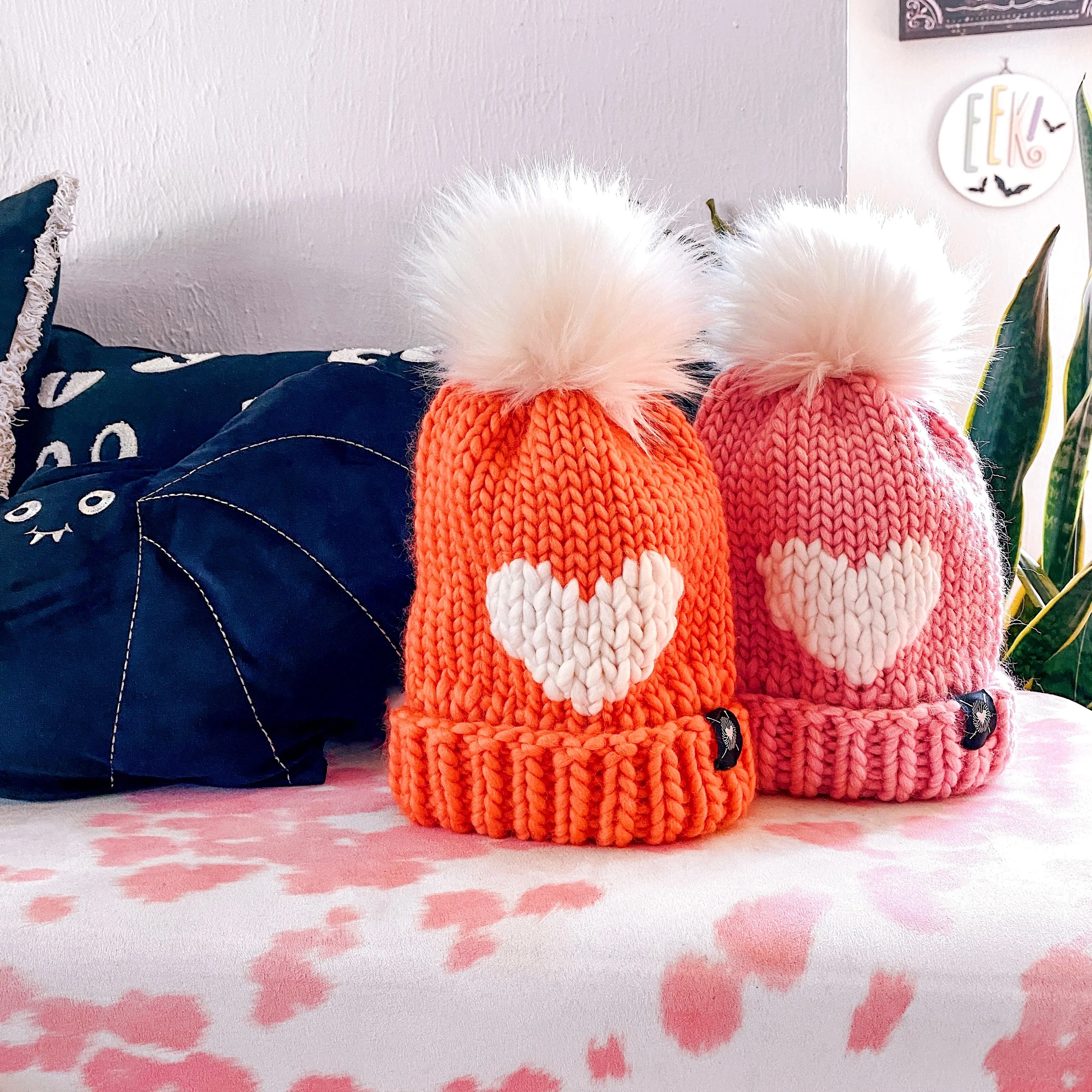 Luxury Big Heart Pom-Pom Beanie in Coral