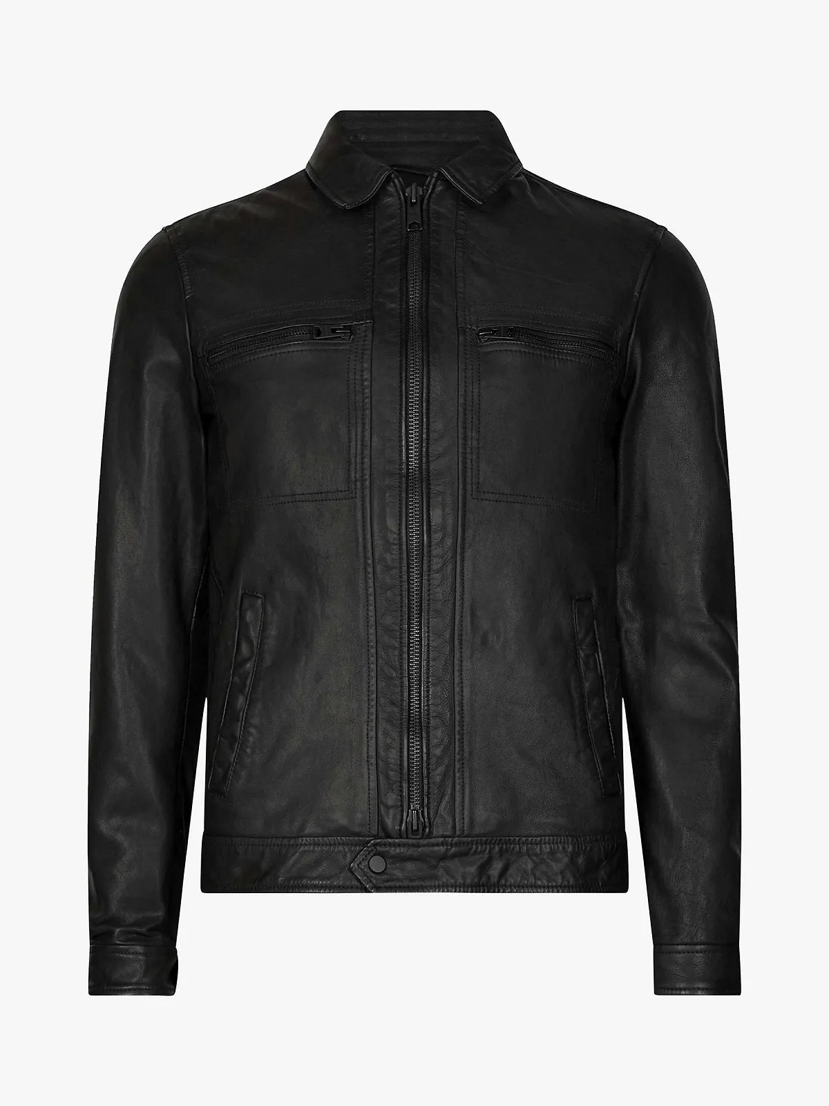 Men Solid Black Leather Jacket