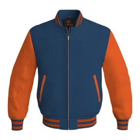 Mens Bomber Jacket Navy Blue Body and Orange Leather Sleeves Bomber Jacket