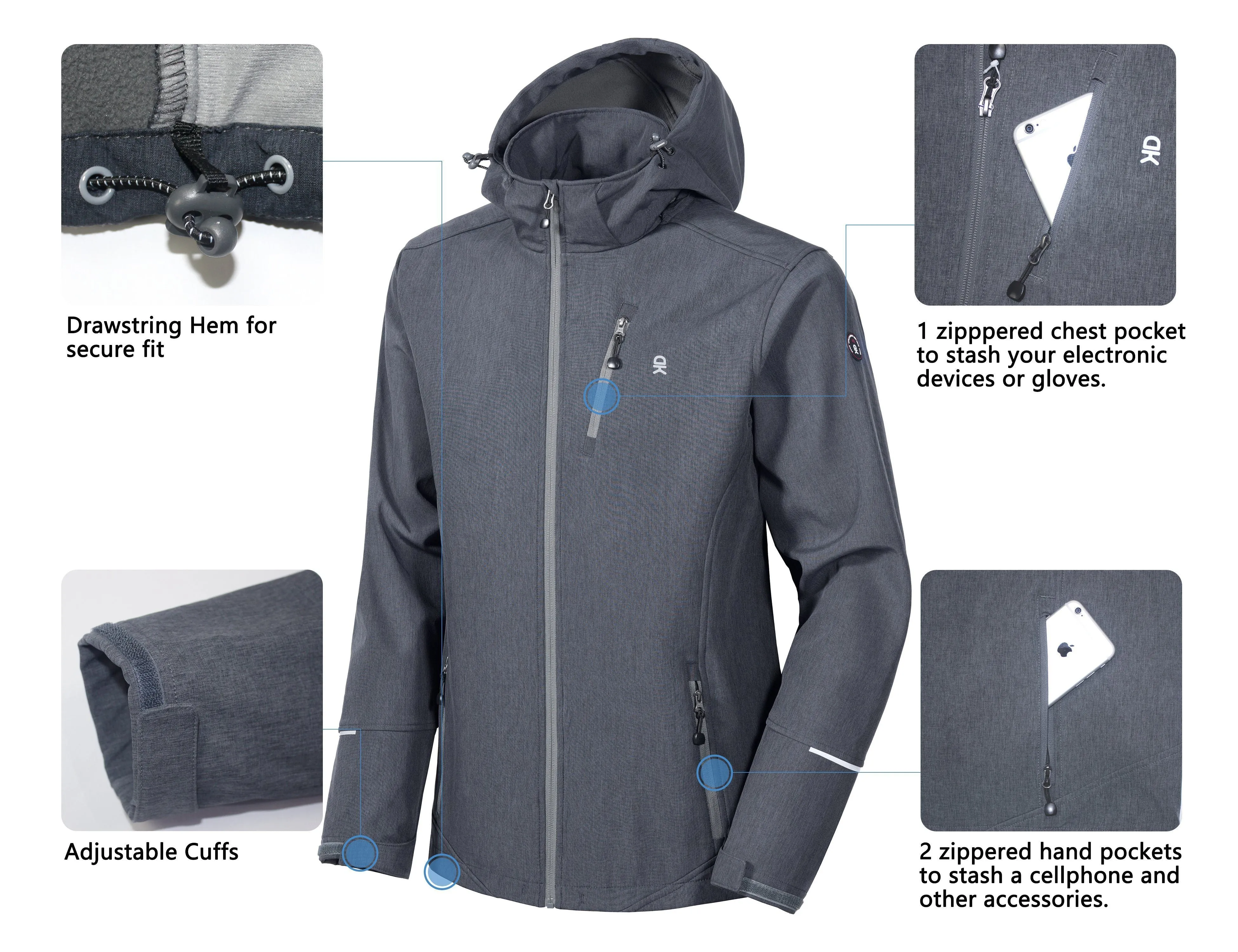 Men's Fleece Lined Softshell Ski Jacket with Removable Hood