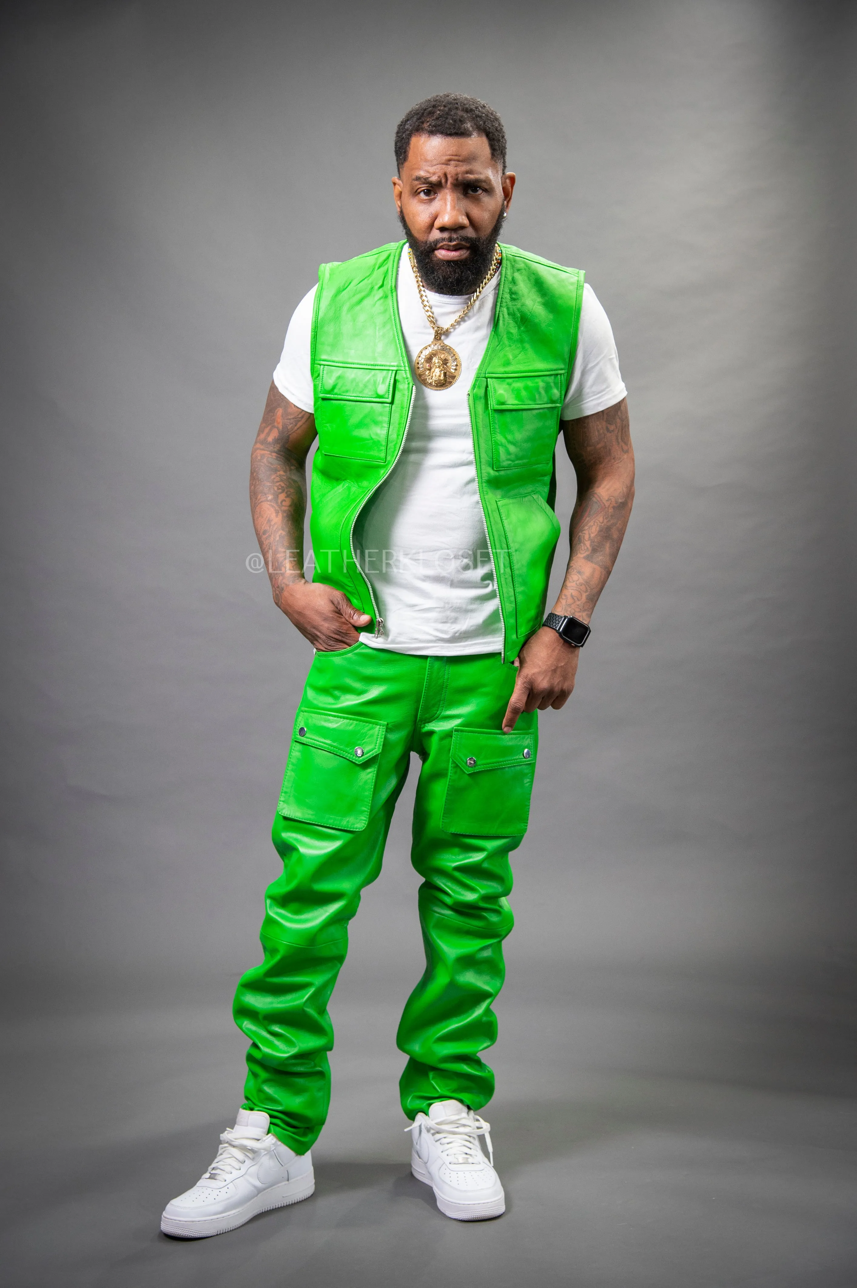 Men's Leather Brooklyn Vest With Leather Cargo Pants Green [Slim-Cut]