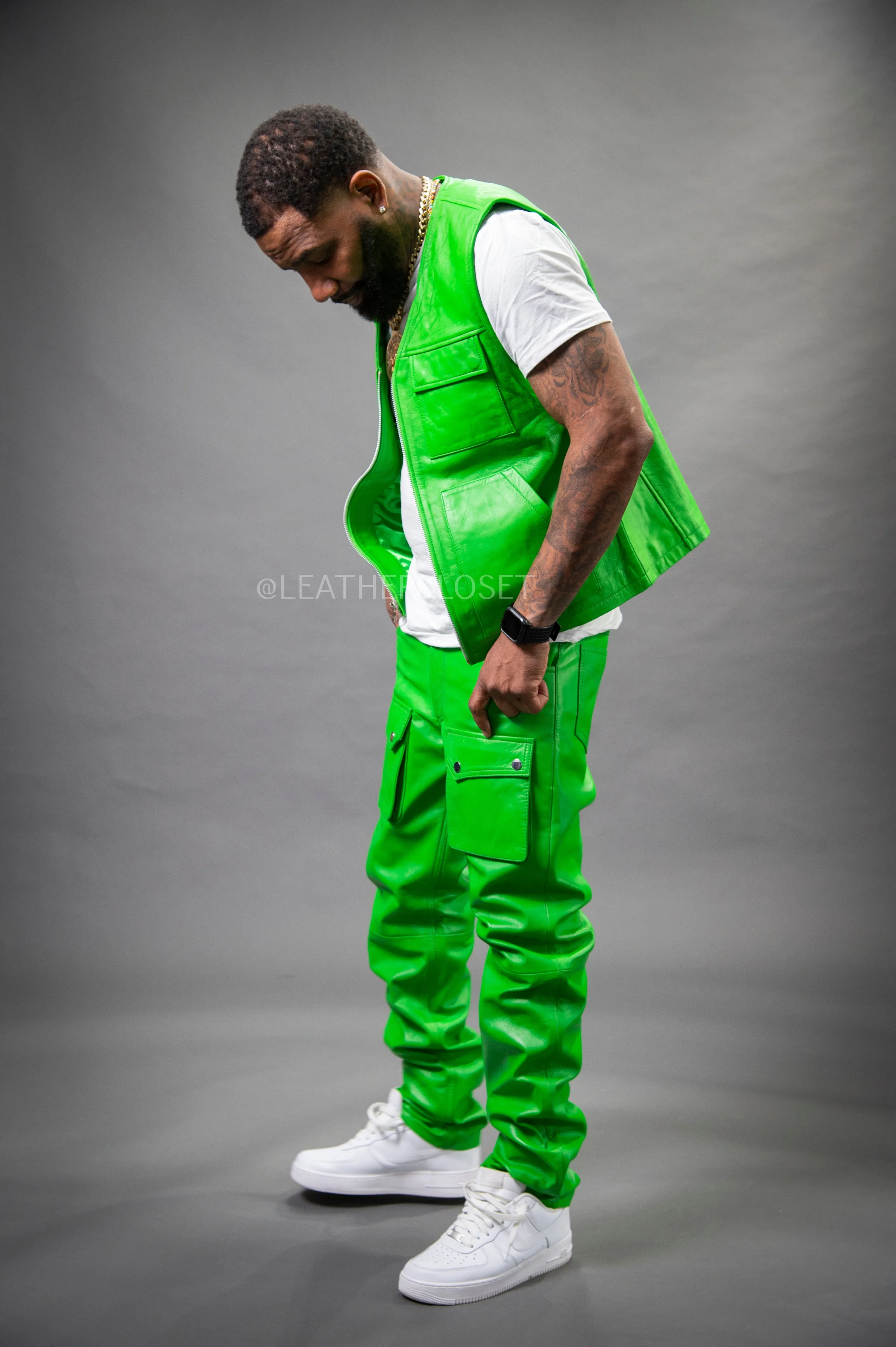 Men's Leather Brooklyn Vest With Leather Cargo Pants Green [Slim-Cut]