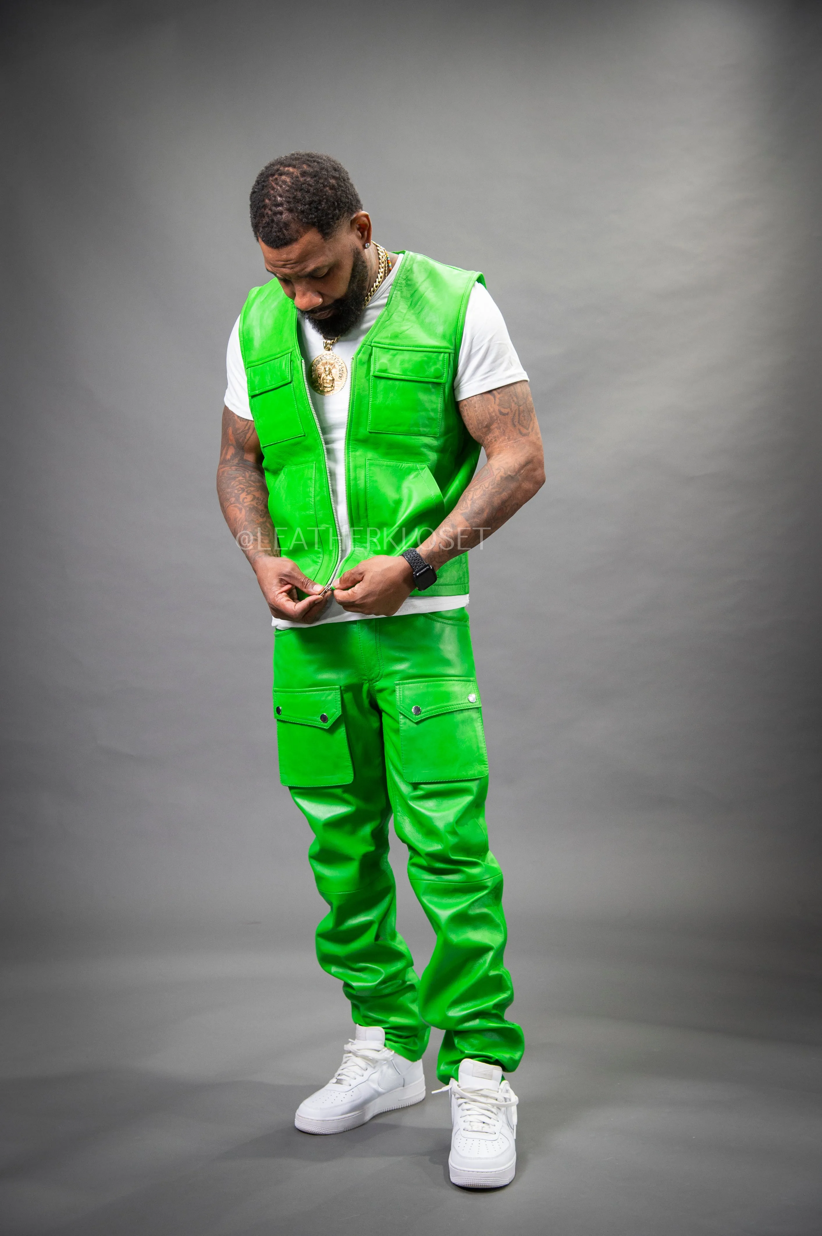 Men's Leather Brooklyn Vest With Leather Cargo Pants Green [Slim-Cut]