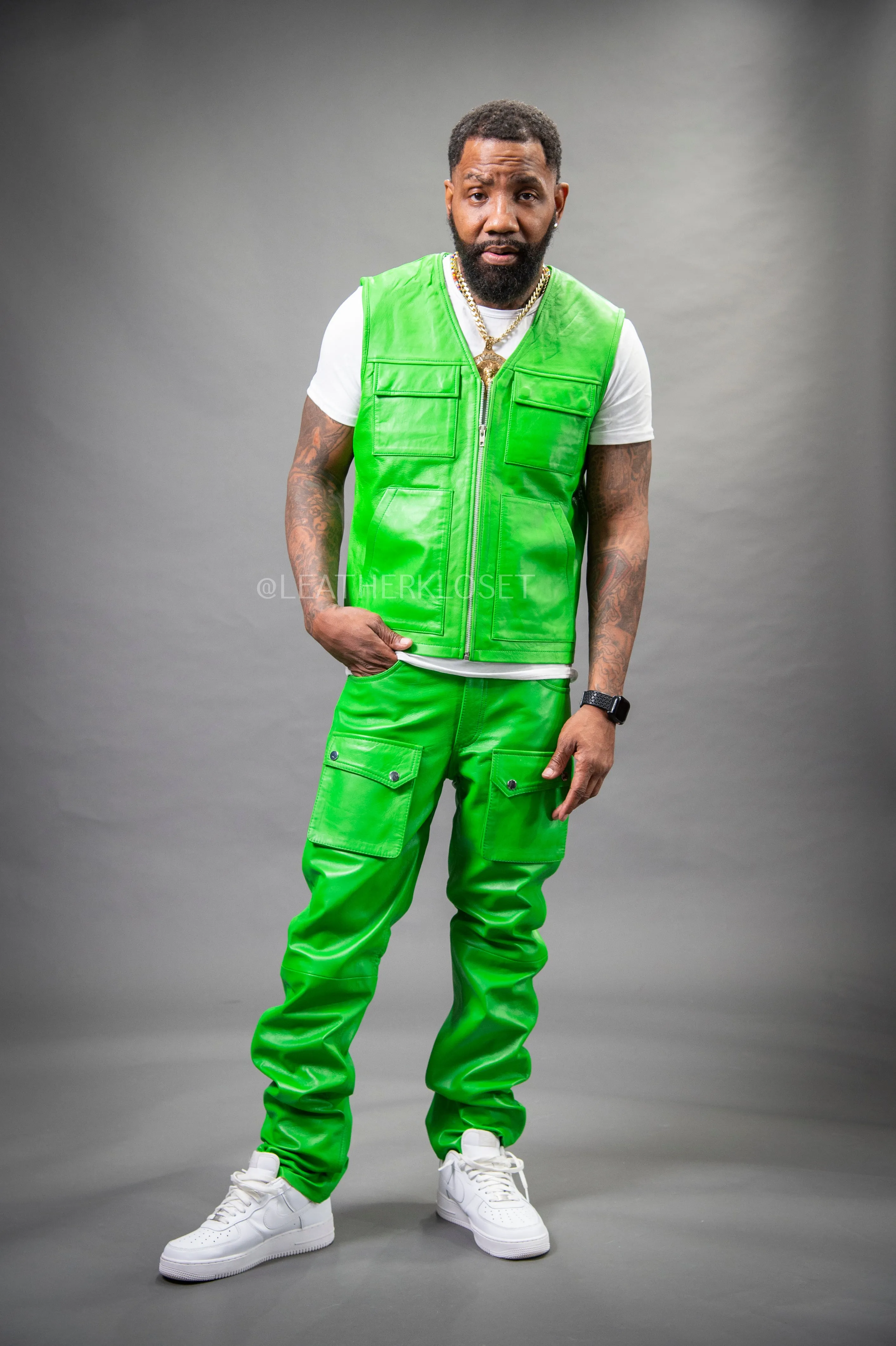 Men's Leather Brooklyn Vest With Leather Cargo Pants Green [Slim-Cut]