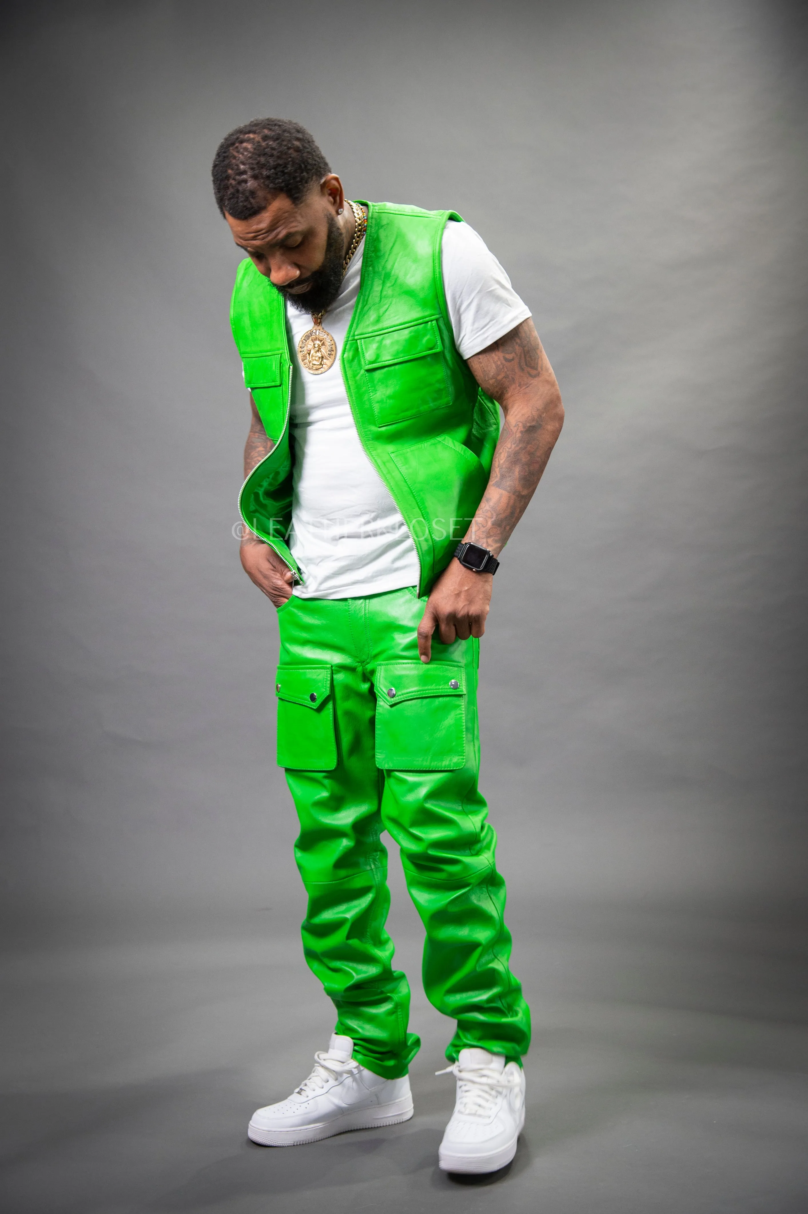 Men's Leather Brooklyn Vest With Leather Cargo Pants Green [Slim-Cut]