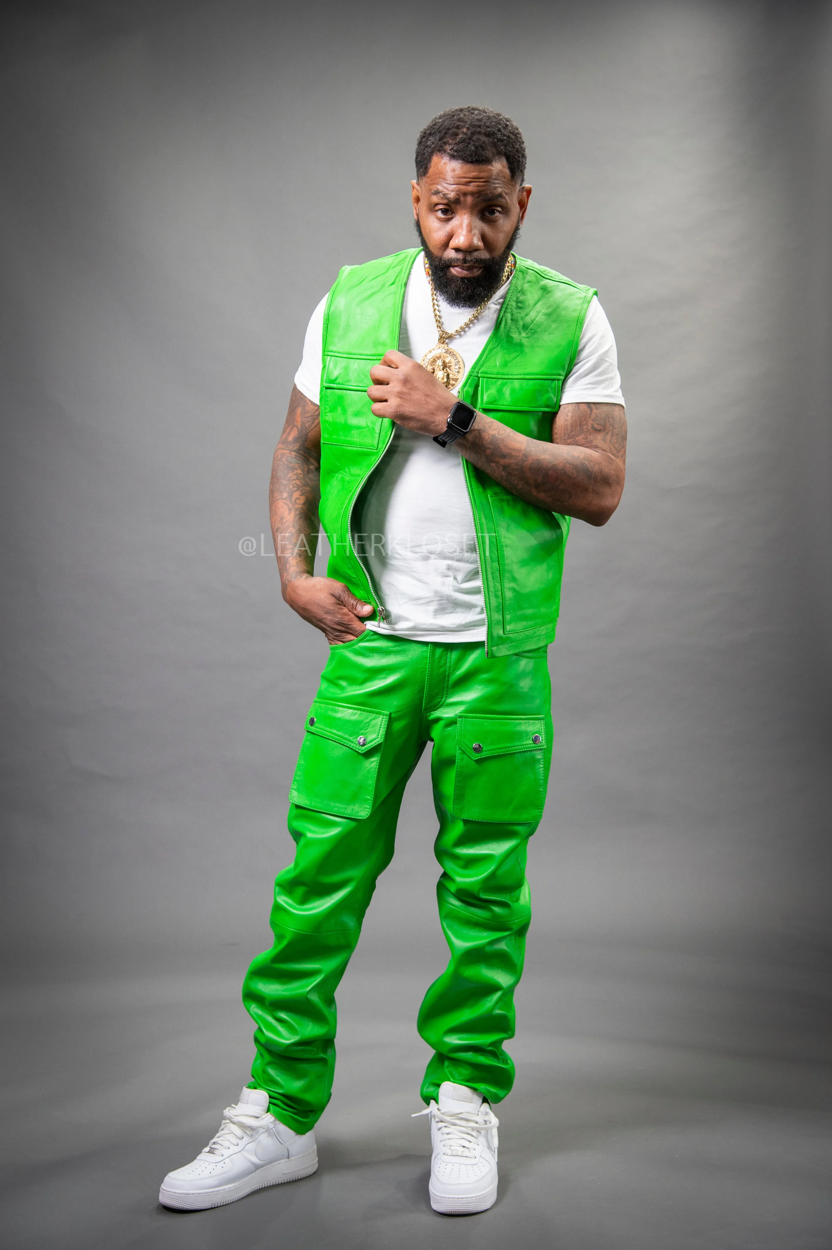 Men's Leather Brooklyn Vest With Leather Cargo Pants Green [Slim-Cut]