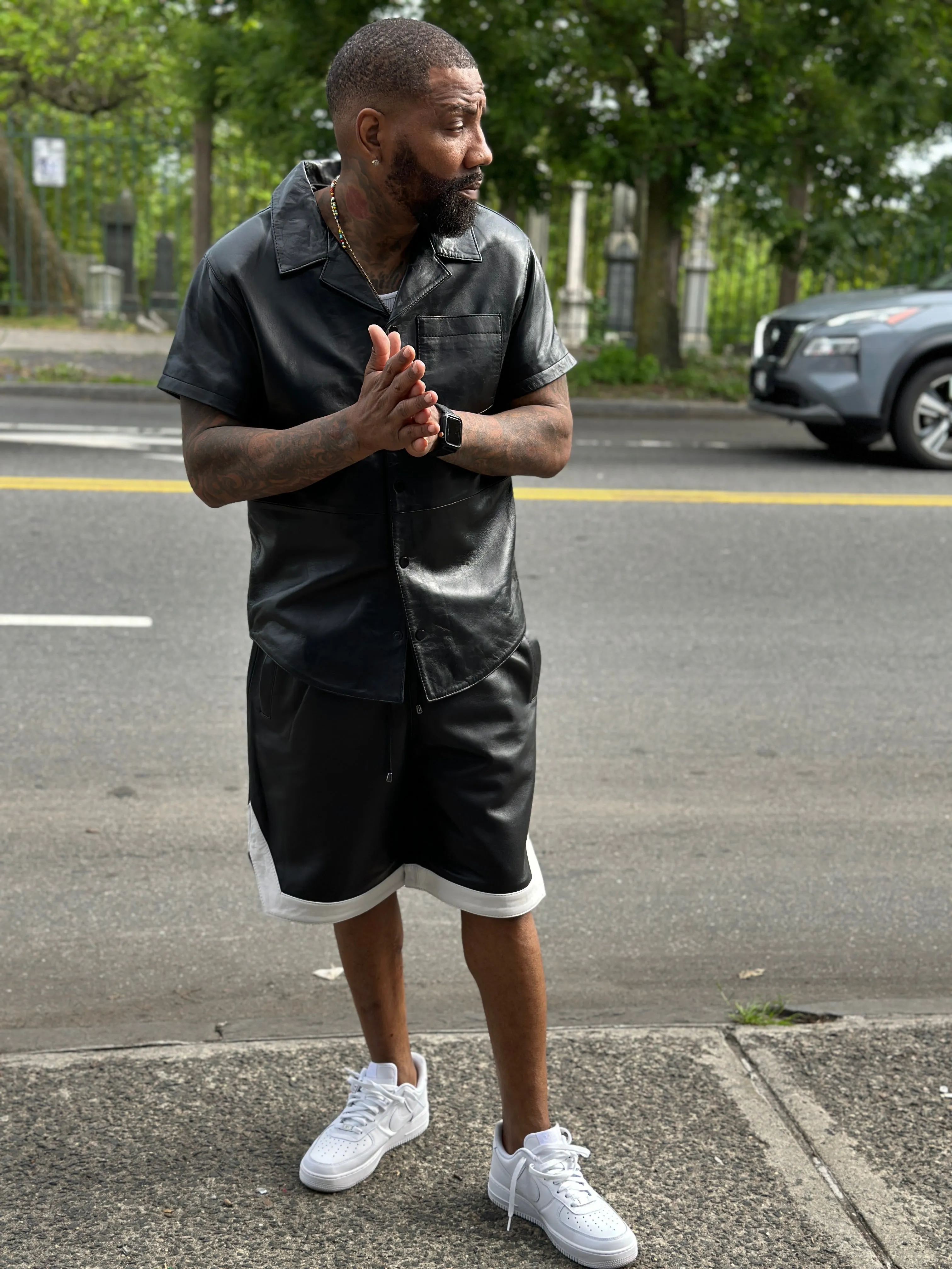 Men's Summer In Miami Leather Shirt And Shorts Set [Black/White Stripe]