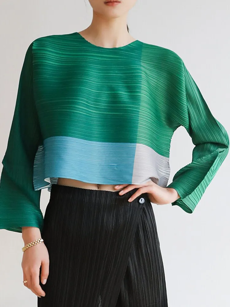 Miyake Pleated Color Block Round Neck Crop Top