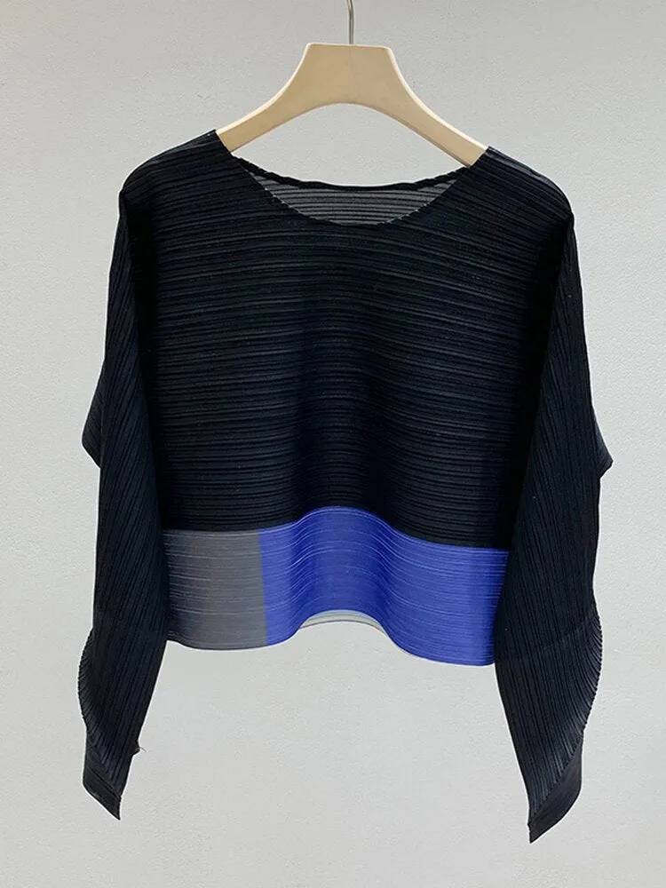 Miyake Pleated Color Block Round Neck Crop Top