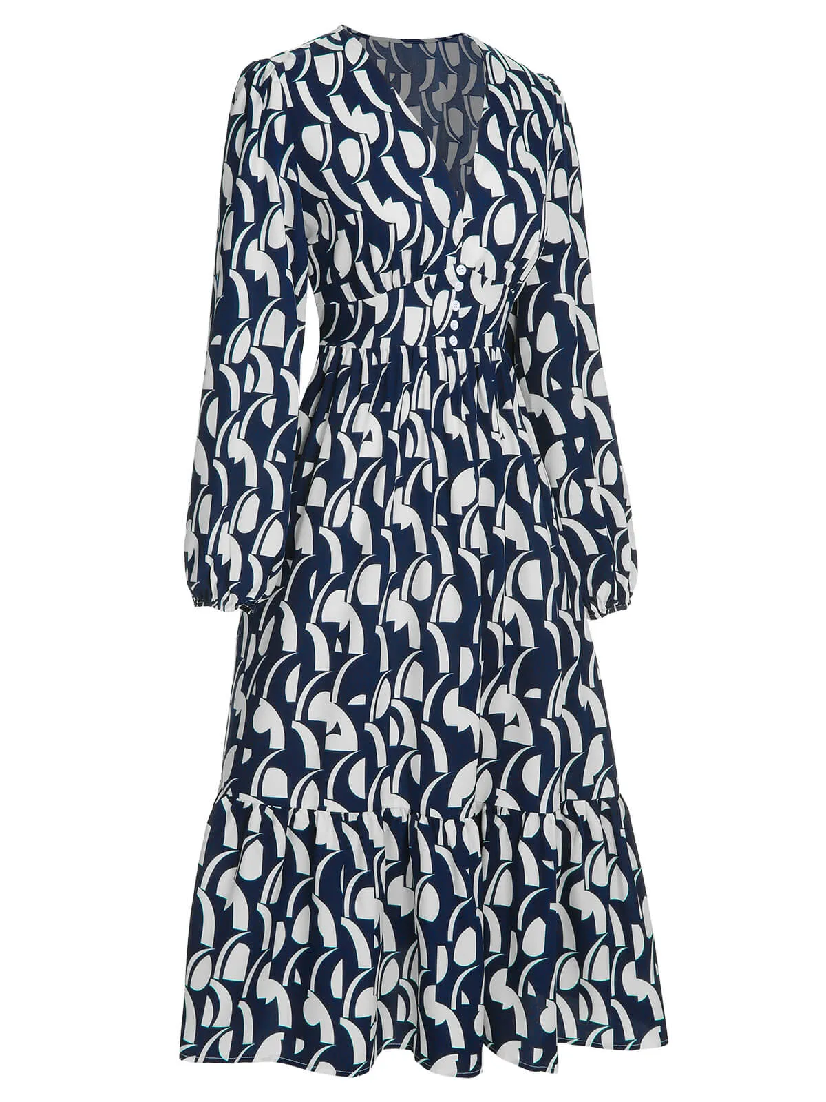 Navy Blue 1930s Geometric Printed V-Neck Dress