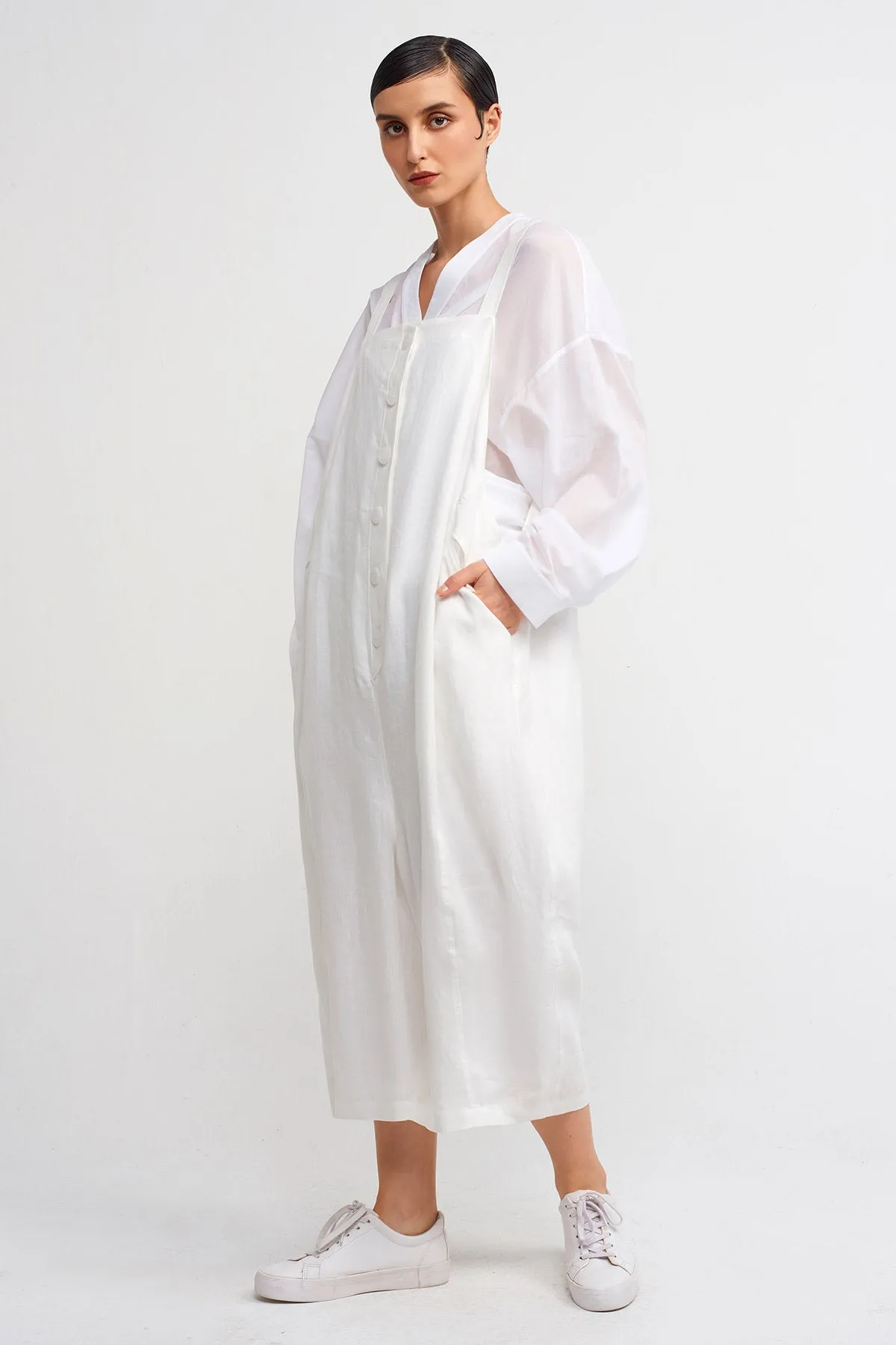 Nu Thick-Strap Linen Jumpsuit Off White