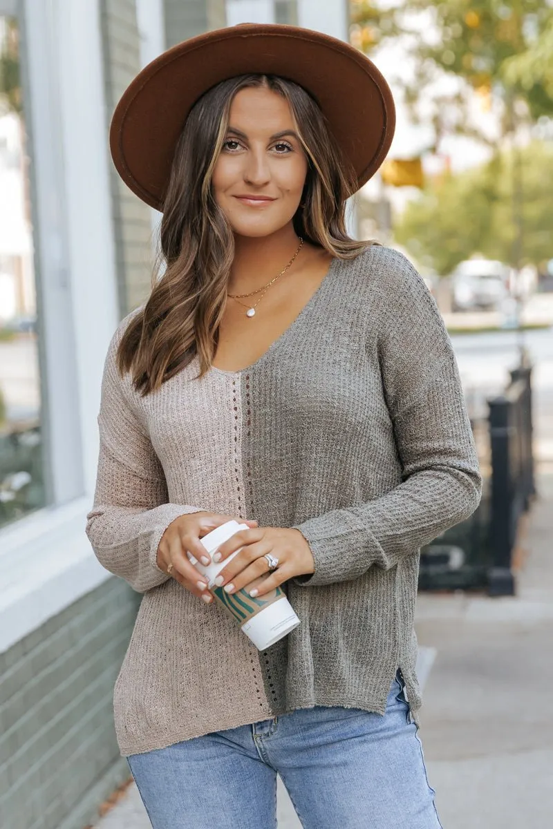 Olive Color Block V Neck Sweater - FINAL SALE