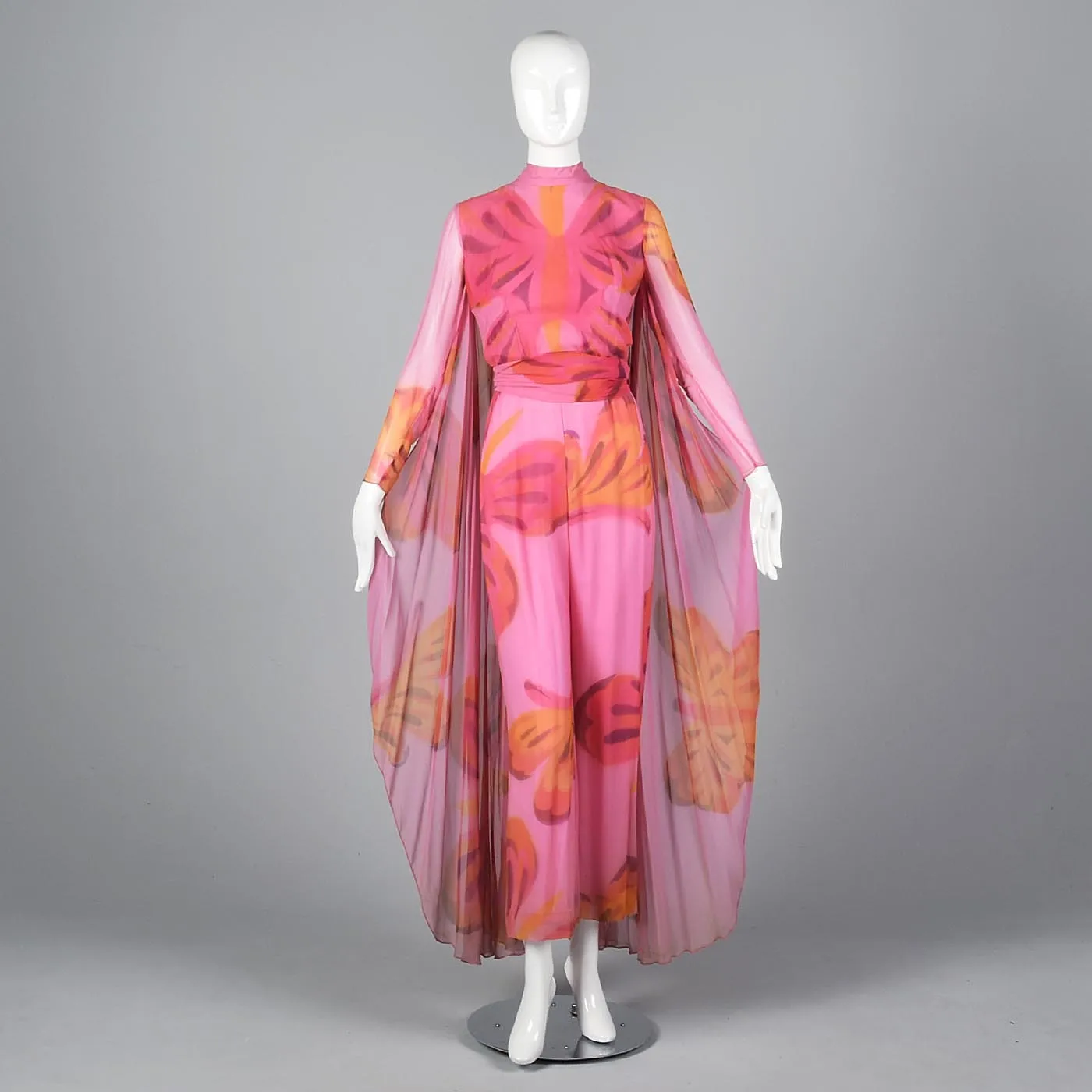 Over the Top 1960s  Butterfly Print Silk Jumpsuit with Cape from the  Sands Hotel Las Vegas