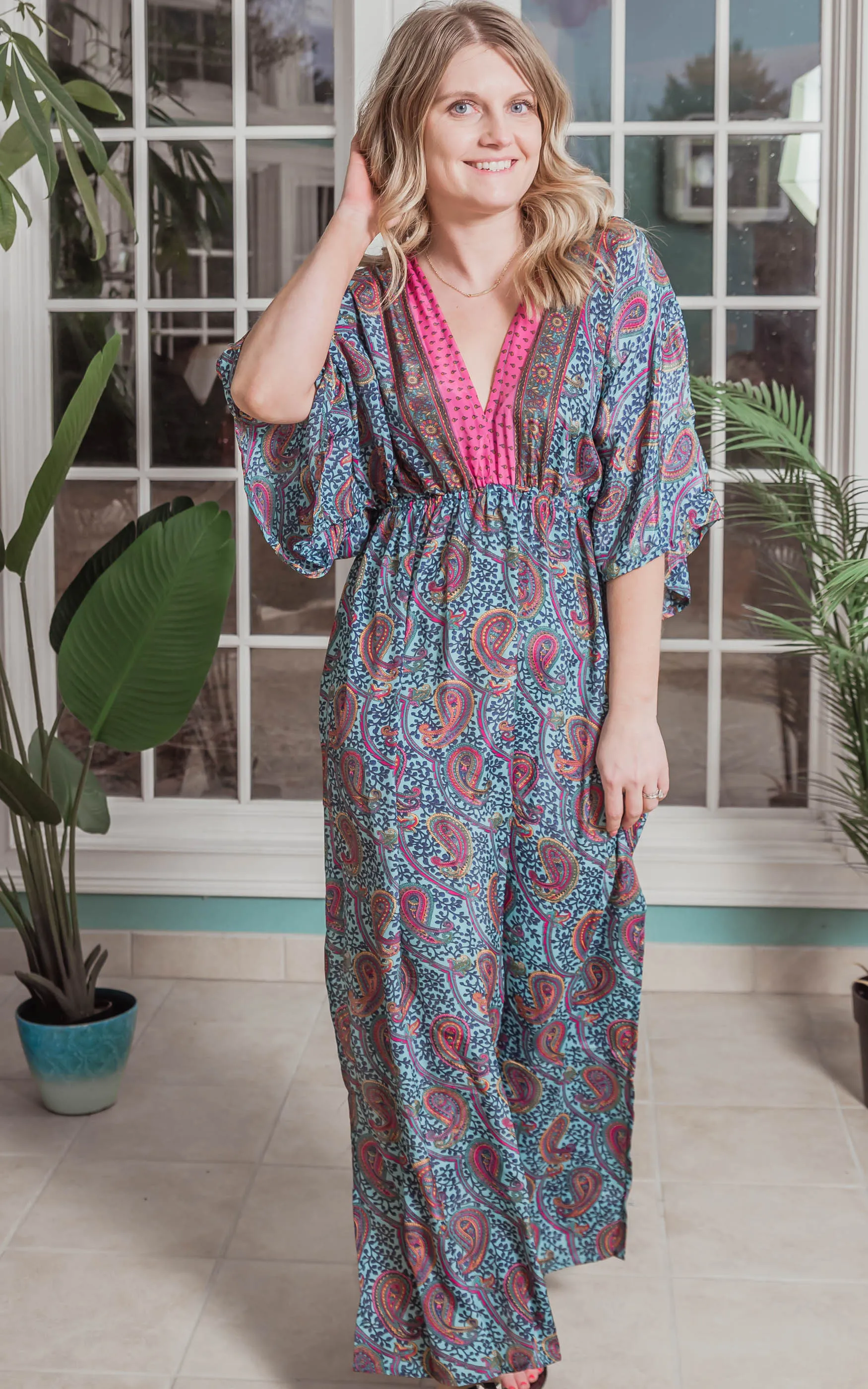 Paisley Kimono Maxi Dress -Blue/Yellow/Fuchsia -Final Sale