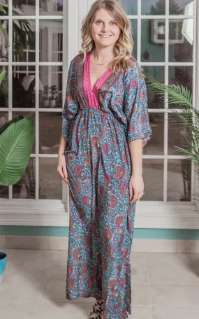 Paisley Kimono Maxi Dress -Blue/Yellow/Fuchsia -Final Sale