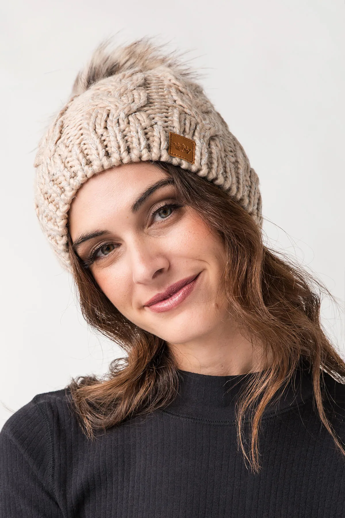 Panache Taupe Cable Knit Pom Hat