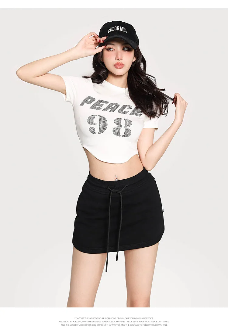 PEACE 42 Letter Print Short Sleeve Cropped T-shirt Top