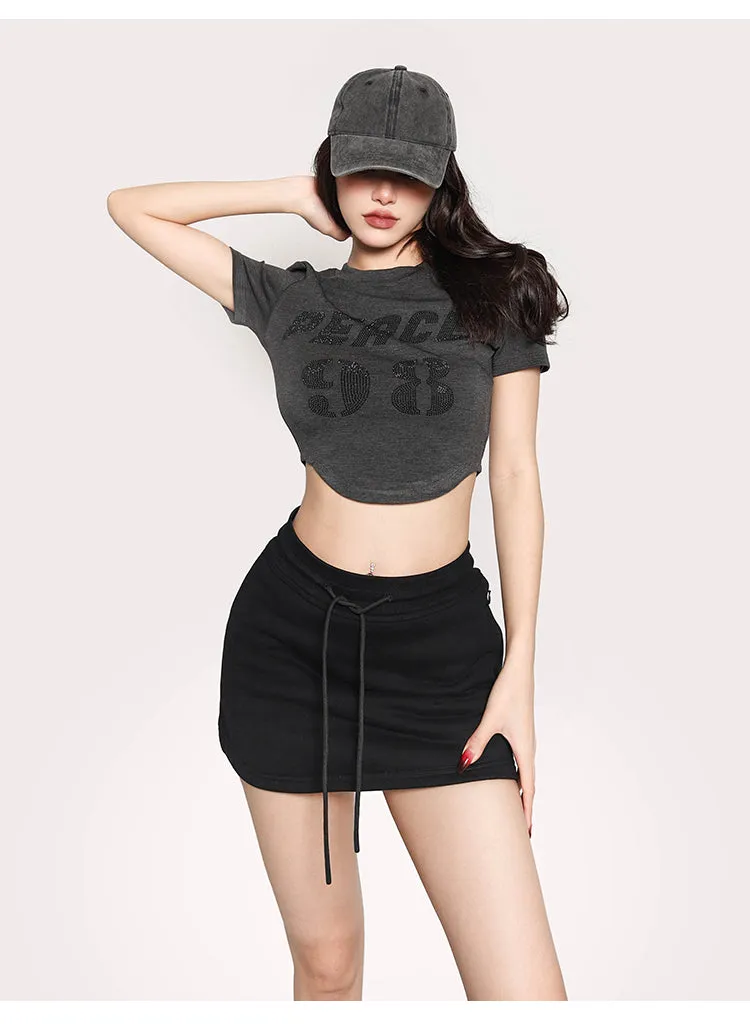 PEACE 42 Letter Print Short Sleeve Cropped T-shirt Top