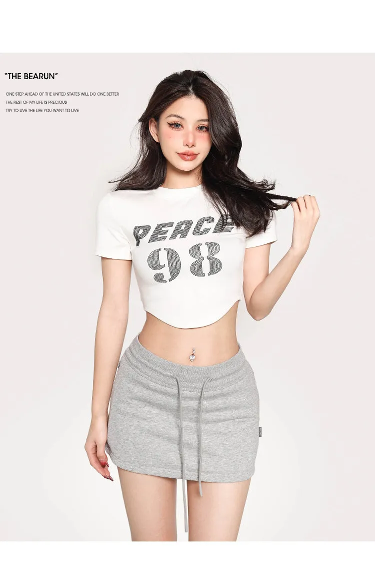 PEACE 42 Letter Print Short Sleeve Cropped T-shirt Top