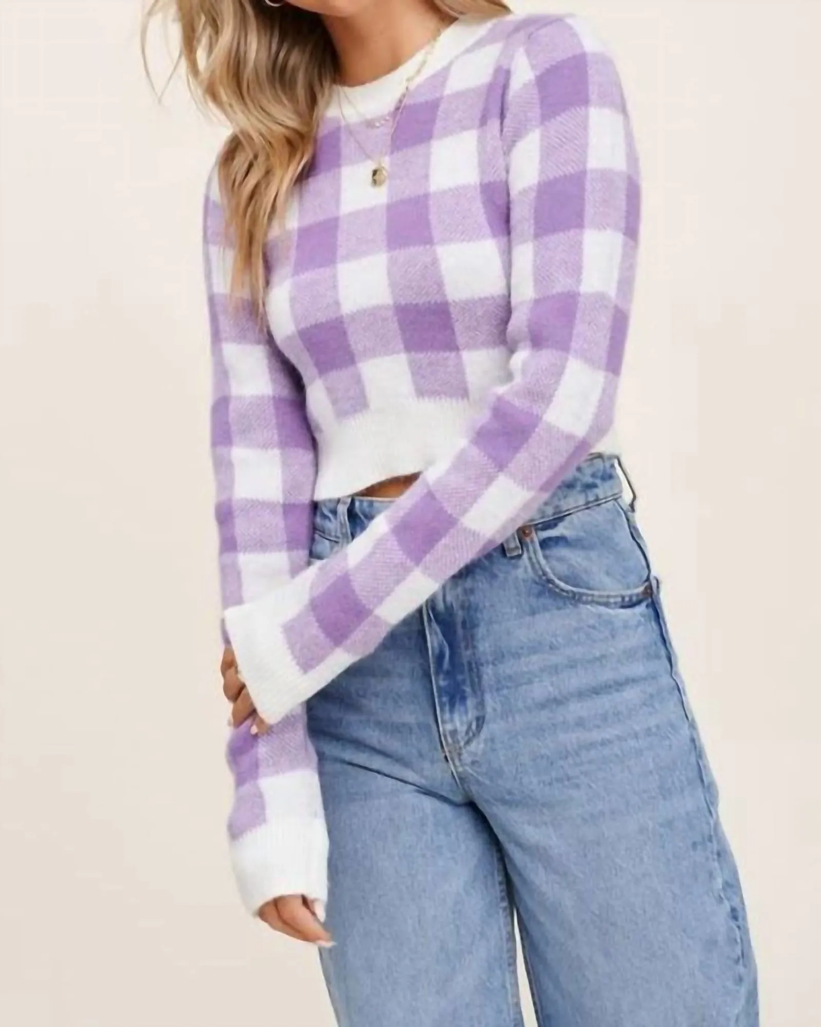 Plaid Cropped Sweater Top in Lavender | Lavender