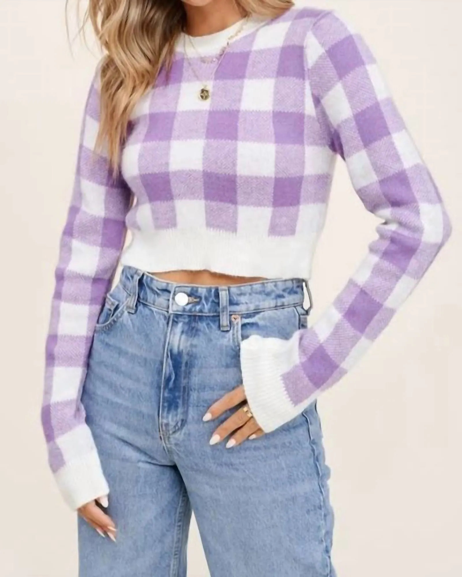 Plaid Cropped Sweater Top in Lavender | Lavender