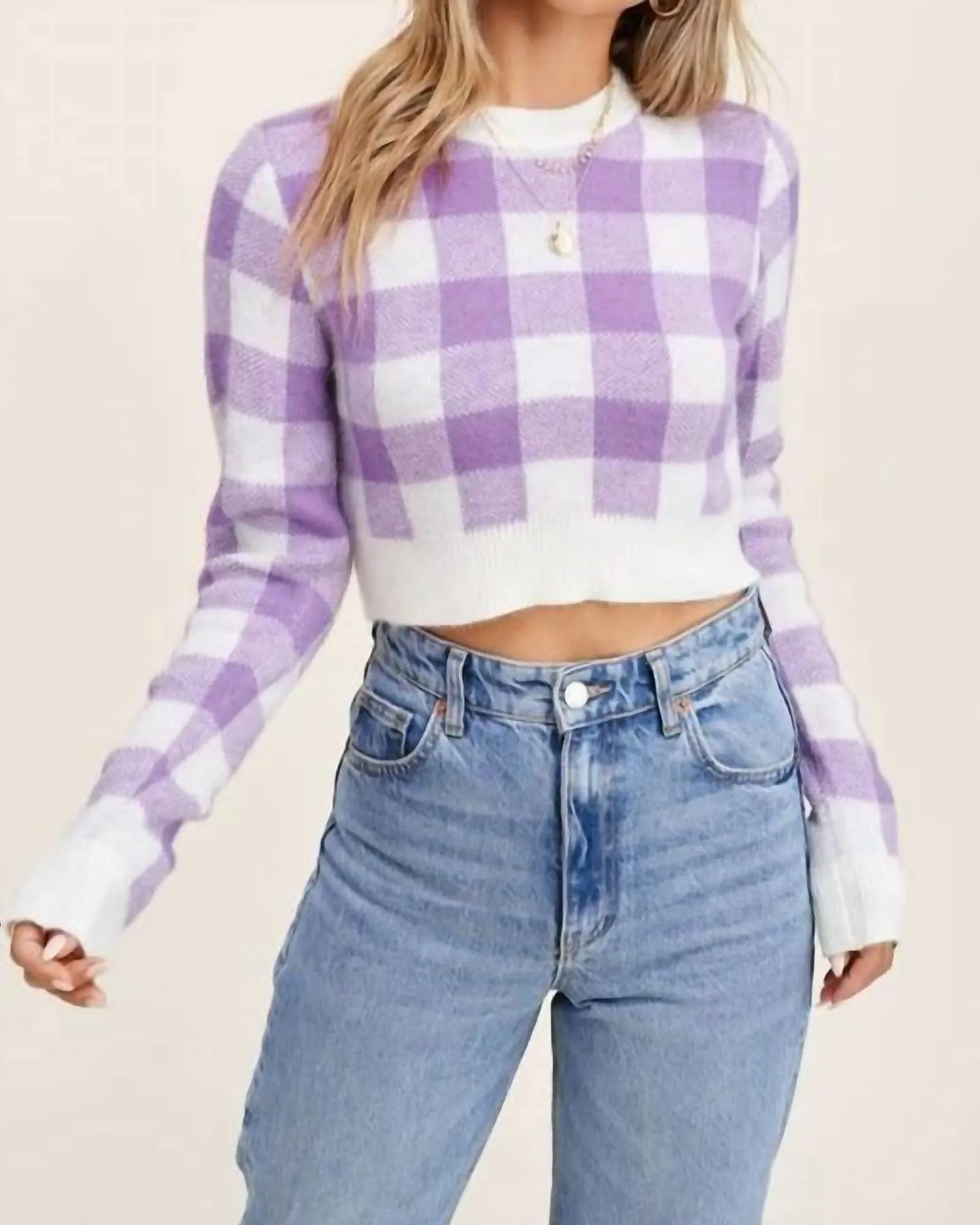 Plaid Cropped Sweater Top in Lavender | Lavender