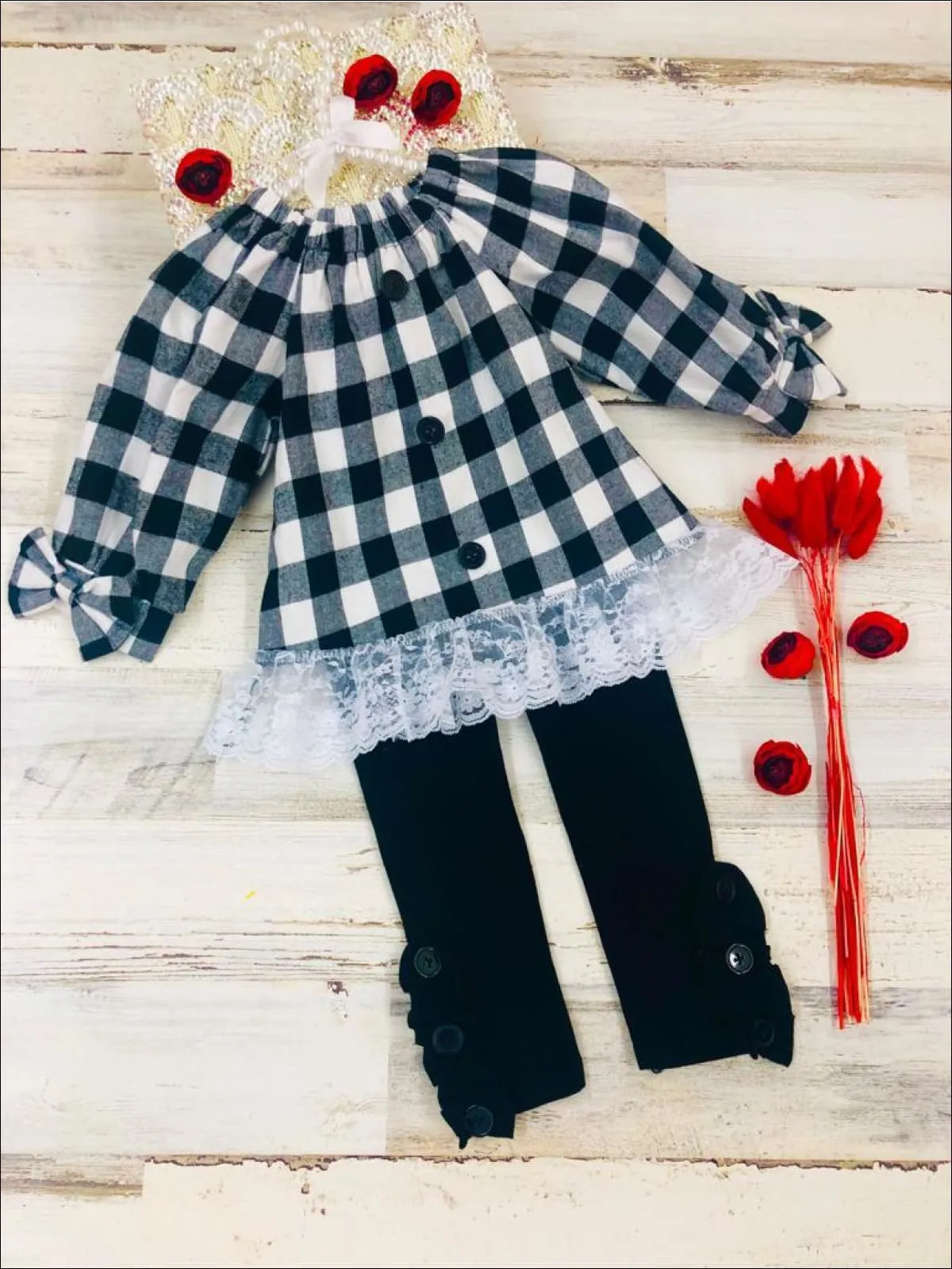 Plaid Lace Hem And Ruffled Legging Set