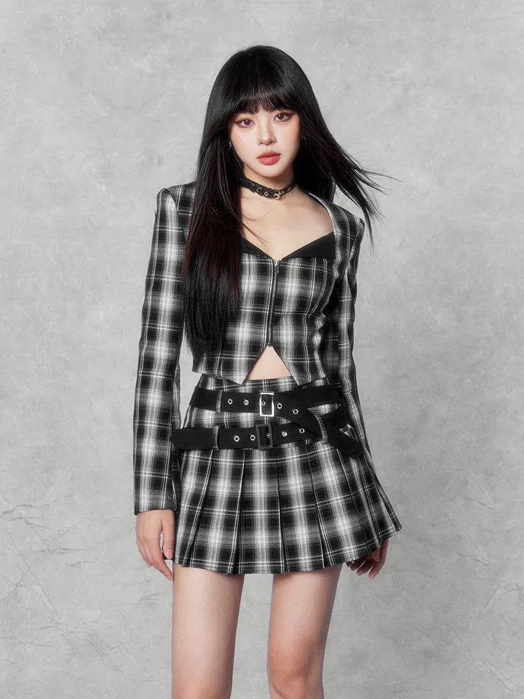 Plaid Punk Cropped Jacket/Pleated Skirt