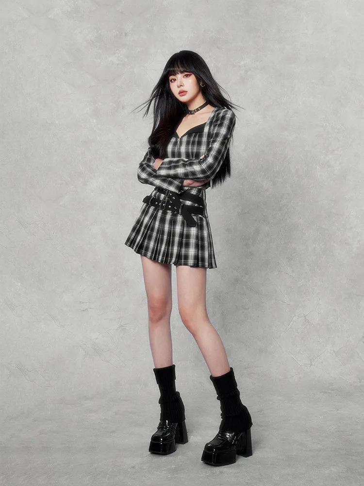 Plaid Punk Cropped Jacket/Pleated Skirt